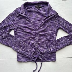 Y2K Faded Rose Purple White Ruched Ribbed Long Sleeve Tie Fitted Crop Top M